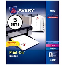 Avery Print-On Paper Dividers, 8 Tabs, White, 5 Sets/Pack (11552)