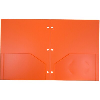 JAM Paper Heavy Duty 3 Hole Punch Two-Pocket Plastic Folders, Orange, 6/Pack (383HHPORB)