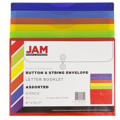 JAM PAPER Plastic Filing Envelopes with Button & String Tie Closure, Letter Size, Assorted Colors, 6