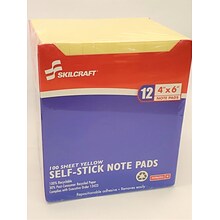 SKILCRAFT Self-Stick Note Pad, 4 x 6, Yellow, 100 Sheets/Pad, 12 Pads/Pack (864D)