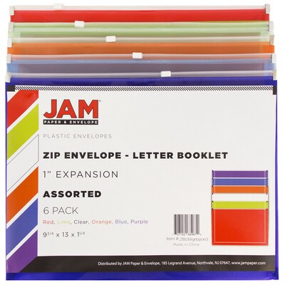 JAM Paper Plastic Expansion Envelopes with Zip Closure, Letter Booklet, 9.75 x 13, Assorted Colors,