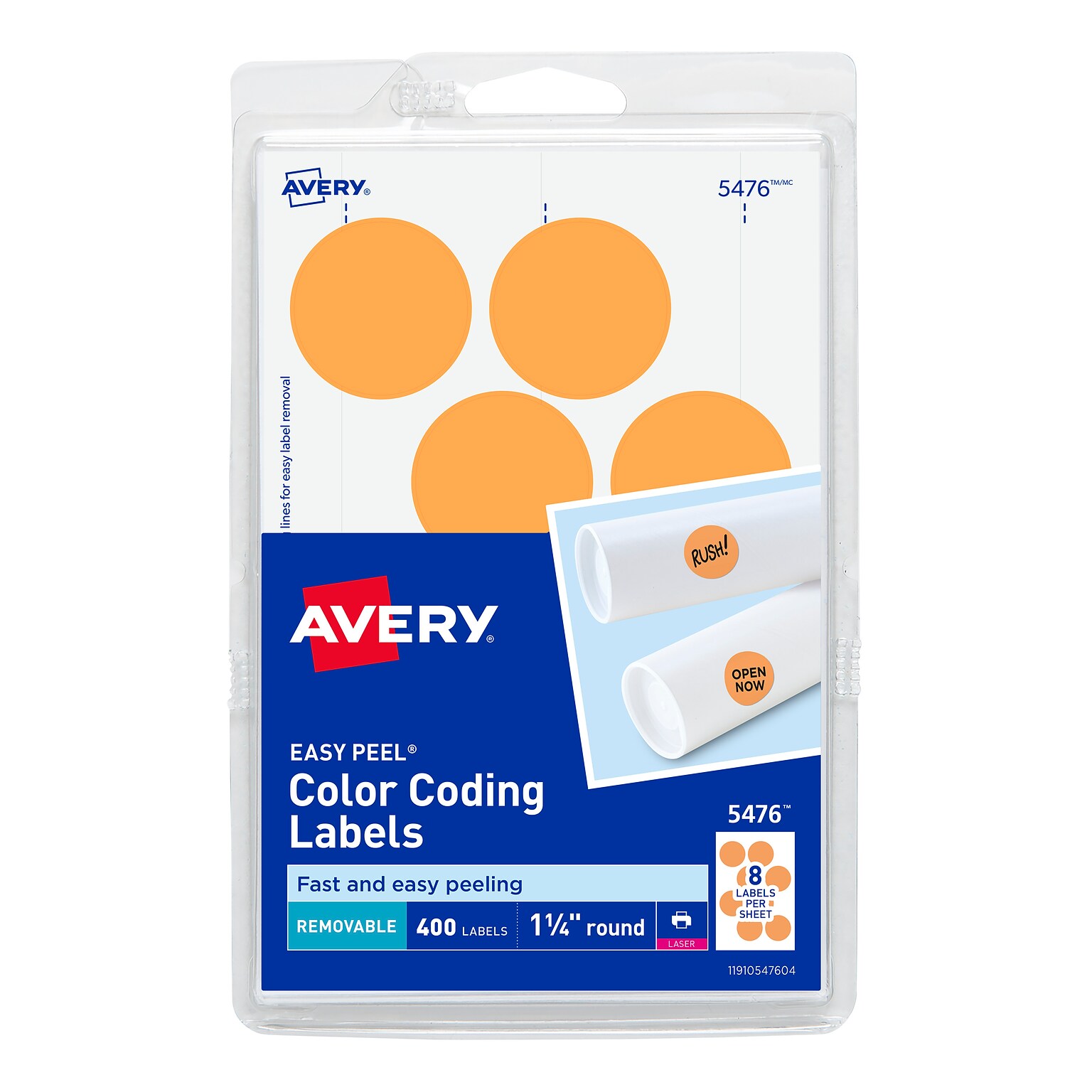Avery Easy Peel Laser Color Coding Labels, 1 1/4 Dia, Neon Orange, 8 Labels/Sheet, 50 Sheets/Pack (5476)