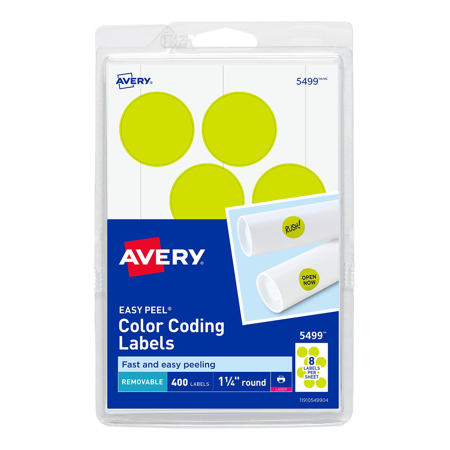 Avery Easy Peel Laser Color Coding Labels, 1 1/4 Dia, Neon Yellow, 8 Labels/Sheet, 50 Sheets/Pack (5499)