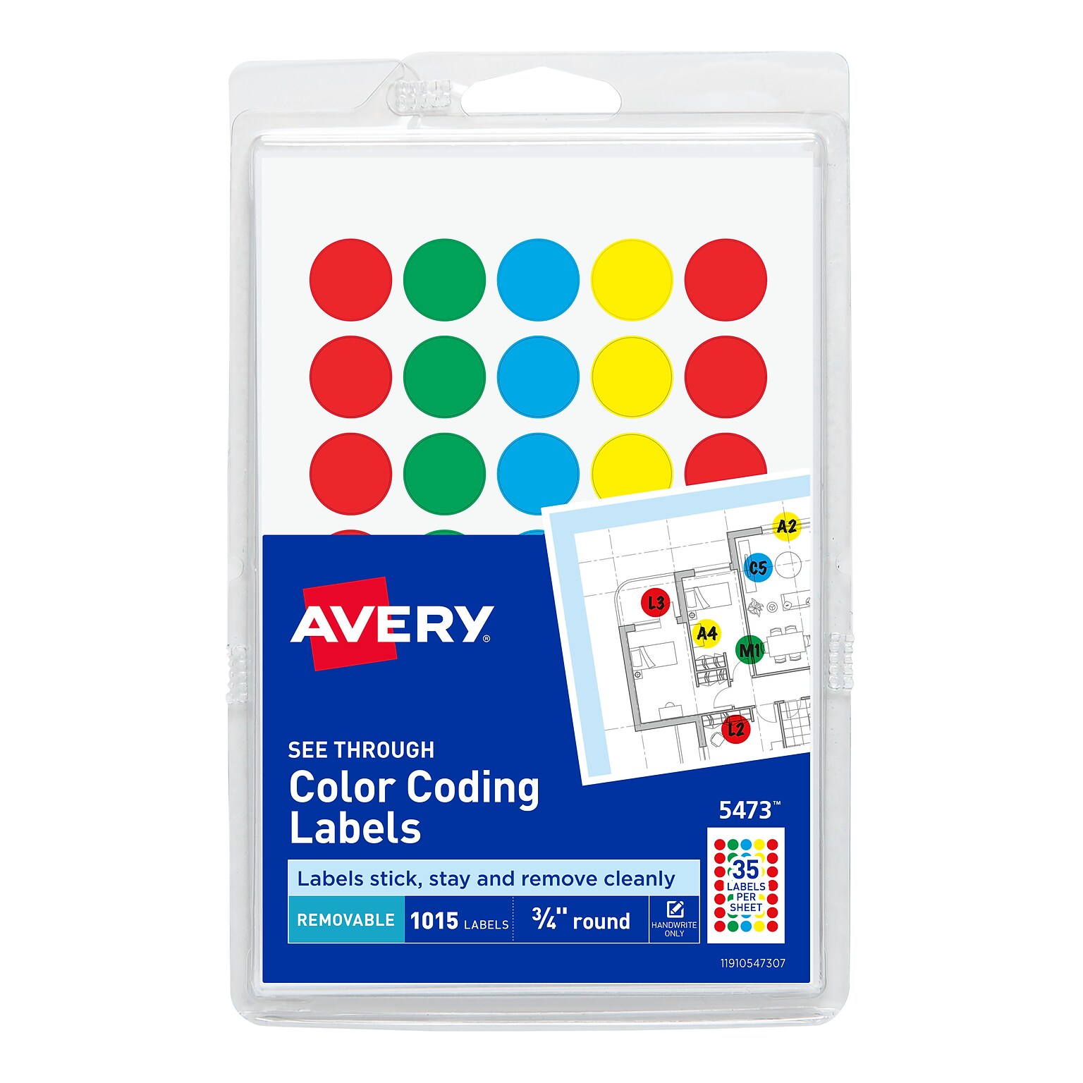 Avery See-Through Hand Written Color Coding Labels, 3/4 Dia., Translucent Assorted Colors, 35/Sheet, 29 Sheets/Pack (5473)