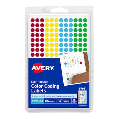 Avery See-Through Color Coding Labels, 1/4 Diameter, Translucent Assorted Colors, 864 Labels/Pack (