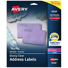 Avery Easy Peel Address Labels, 2/3 x 1-3/4, Glossy Clear, 600 Labels/Pack (6520)
