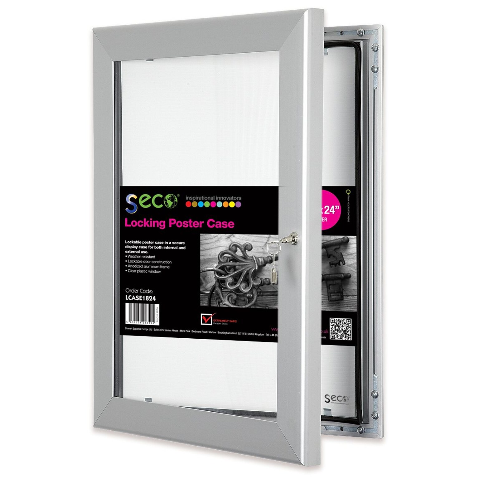 Seco® Locking Indoor/Outdoor Poster Case Shatterproof, 18x 24,  Silver (LCASE1824)