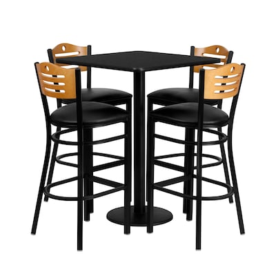 Flash Furniture 30 Square Table Set W/4 Wood Slat Back Metal Bar Stools, Black (MD0019)