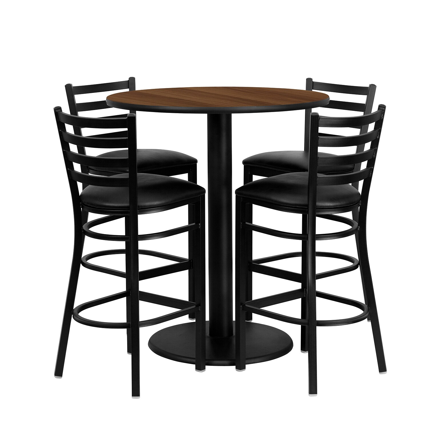 Flash Furniture 36 Round Table Set W/4 Ladder Back Metal Bar Stools, Walnut /Black (MD0011)
