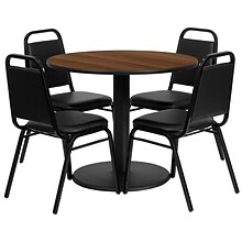 Flash Furniture 36 Round Walnut Laminate Table Set with Round Base and 4 Black Trapezoidal Back Ba