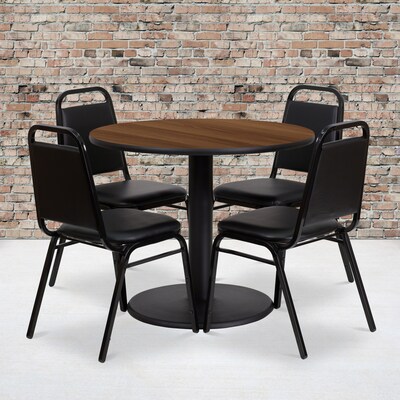 Flash Furniture 36 Round Walnut Laminate Table Set with Round Base and 4 Black Trapezoidal Back Ba