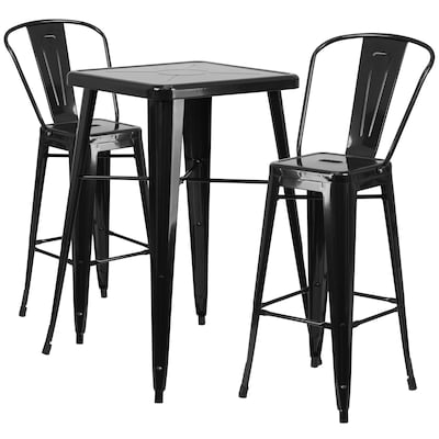 Flash Furniture Gable Indoor-Outdoor Bar Table Set with 2 Stools with Backs, 27.75 x 27.75, Black
