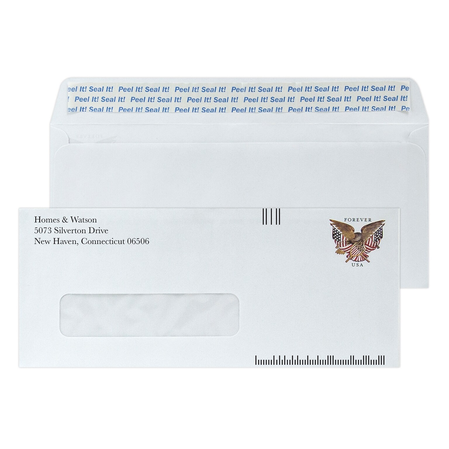 Custom #10 Barcode Pre-Stamped Peel and Seal Window Envelopes, 4 1/4 x 9 1/2, 24# White Wove, 1 Standard Ink, 250 / Pack