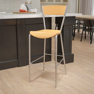 Flash Furniture Invincible Series Traditional Metal Open Back Restaurant Barstool, Silver/Natural Wo