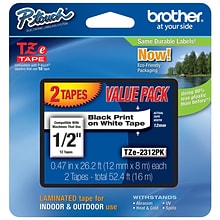 Brother P-touch TZe-231 Laminated Label Maker Tape, 1/2 x 26-2/10, Black On White, 2/Pack (TZe-231