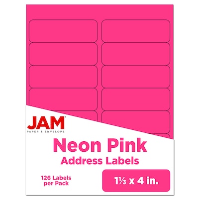JAM Paper Address Labels, 1 1/3 x 4, Neon Pink, 14 Labels/Sheet, 9 Sheets/Pack (359329612)