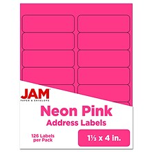 JAM Paper Address Labels, 1 1/3 x 4, Neon Pink, 14 Labels/Sheet, 9 Sheets/Pack (359329612)