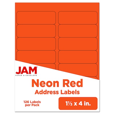 JAM Paper® Address Labels, 1 1/3 x 4, Neon Red, 14 Labels/Sheet, 9 Sheets/Pack, 126 Labels/Pack (3