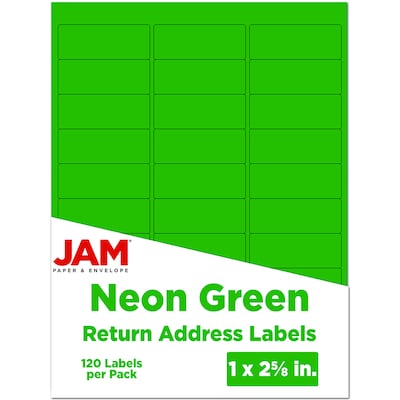 JAM Paper Laser/Inkjet Address Labels, 1 x 2 5/8, Neon Green, 30 Labels/Sheet, 4 Sheets/Pack (3543