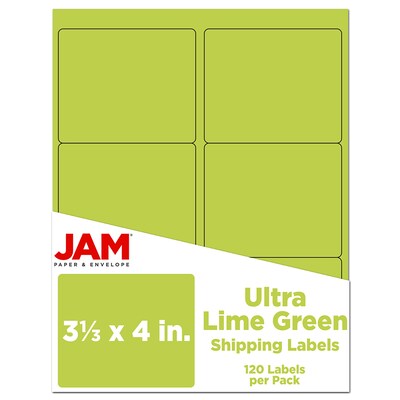 JAM Paper Laser/Inkjet Address Label, 4 x 3 3/8, Ultra Lime Green, 6 Labels/Sheet, 12 Sheets/Pack