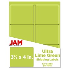 JAM Paper Laser/Inkjet Address Label, 4 x 3 3/8, Ultra Lime Green, 6 Labels/Sheet, 12 Sheets/Pack