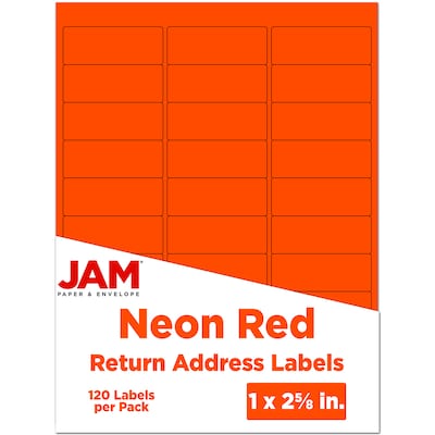 JAM Paper Laser/Inkjet Address Labels, 1 x 2 5/8, Neon Red, 30 Labels/Sheet, 4 Sheets/Pack (354328