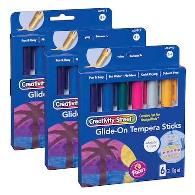 Creativity Street Glide-On Tempera Paint Sticks, Metallic Colors, 5 grams, 6 Per Pack, 3 Packs (PACA