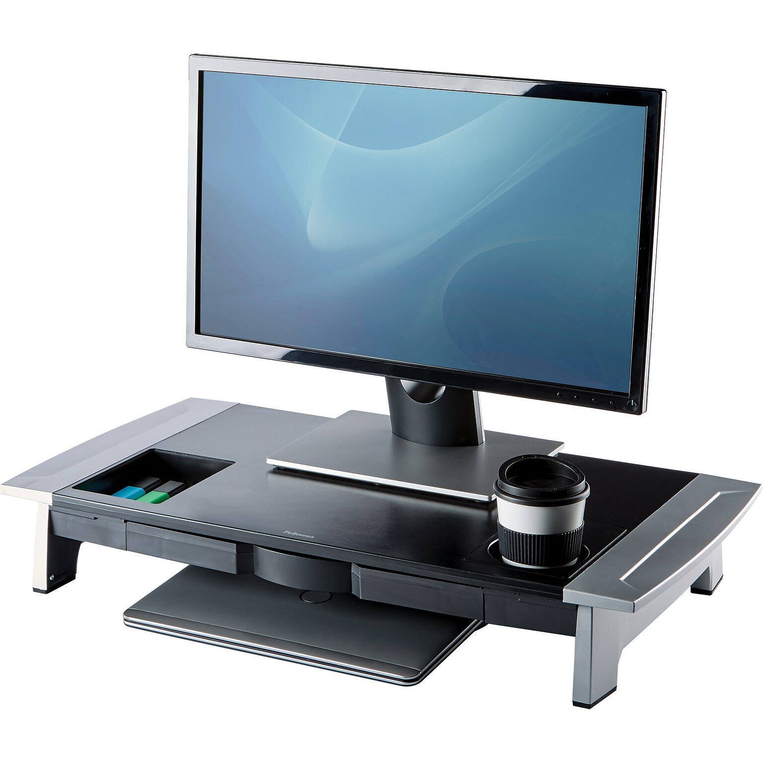 Fellowes Office Suites Premium Monitor Riser, Monitors up to 80 lbs.,Black/Silver (8031001)