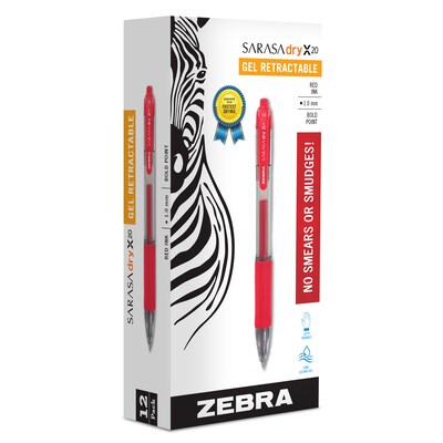 Zebra Sarasa Dry X20 Retractable Gel Pen, Bold Point, 1.0mm, Red Ink, Dozen (46630)