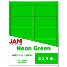 JAM Paper Laser/Inkjet Shipping Labels, 2 x 4, Neon Green, 10 Labels/Sheet, 12 Sheets/Pack (354328