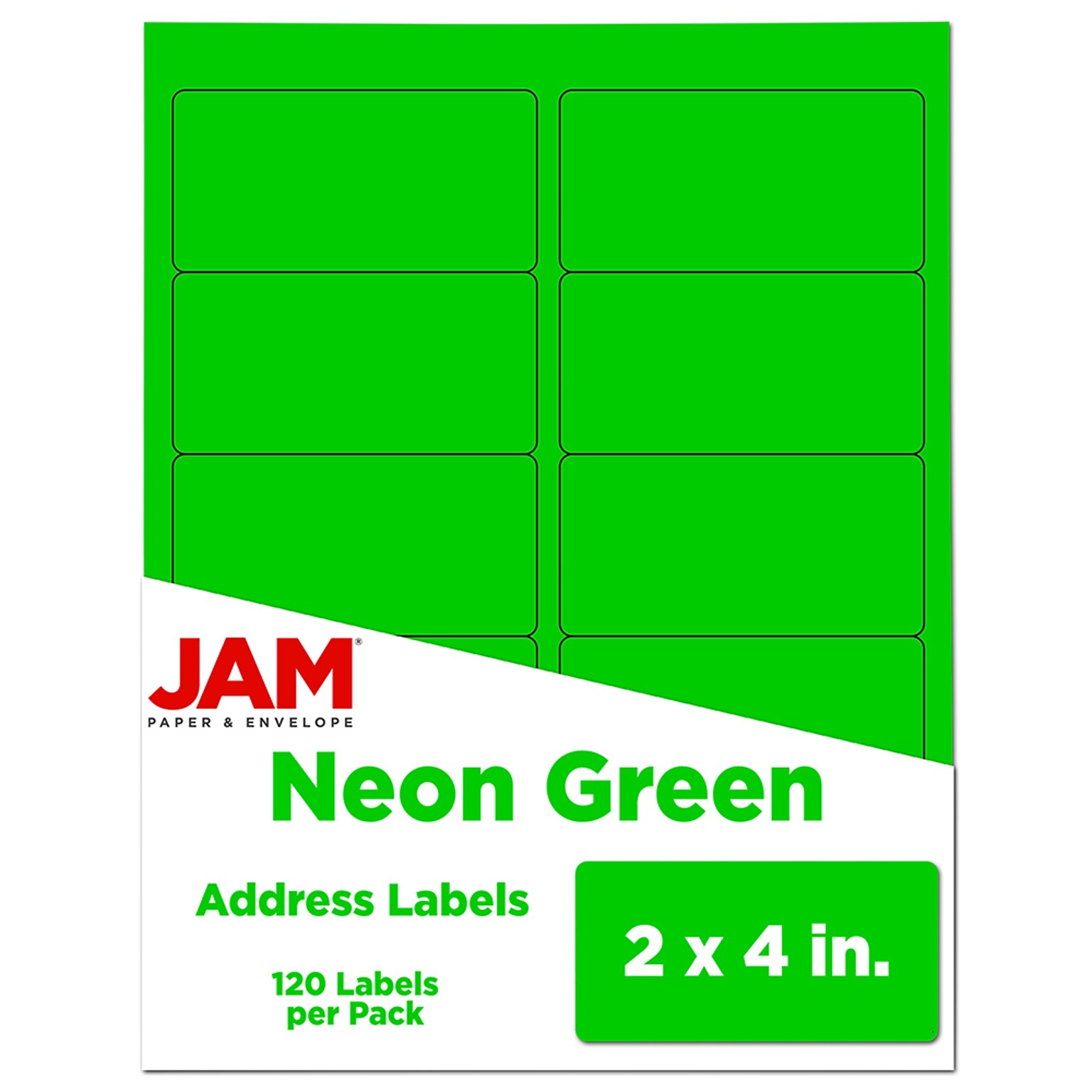 JAM Paper Laser/Inkjet Shipping Labels, 2 x 4, Neon Green, 10 Labels/Sheet, 12 Sheets/Pack (354328017)