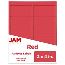 JAM Paper Shipping Labels, 2 x 4, Red, 10 Labels/Sheet, 12 Sheets/Pack (4514940)