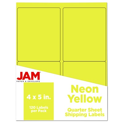 JAM Paper Laser/Inkjet Shipping Labels, 4 x 5, Neon Yellow, 4 Labels/Sheet, 30 Sheets/Pack (354329