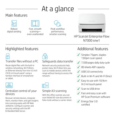 HP ScanJet Enterprise Flow N7000 Snw1 Duplex Desktop Document Scanner, White (6FW10A#BGJ)