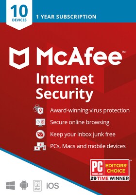 McAfee Internet Security Antivirus Software for 10 Devices (1-10 Users), Product Key Card (MIS00ESTX