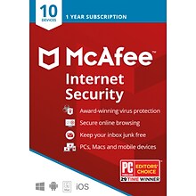 McAfee Internet Security Antivirus Software for 10 Devices (1-10 Users), Product Key Card (MIS00ESTX