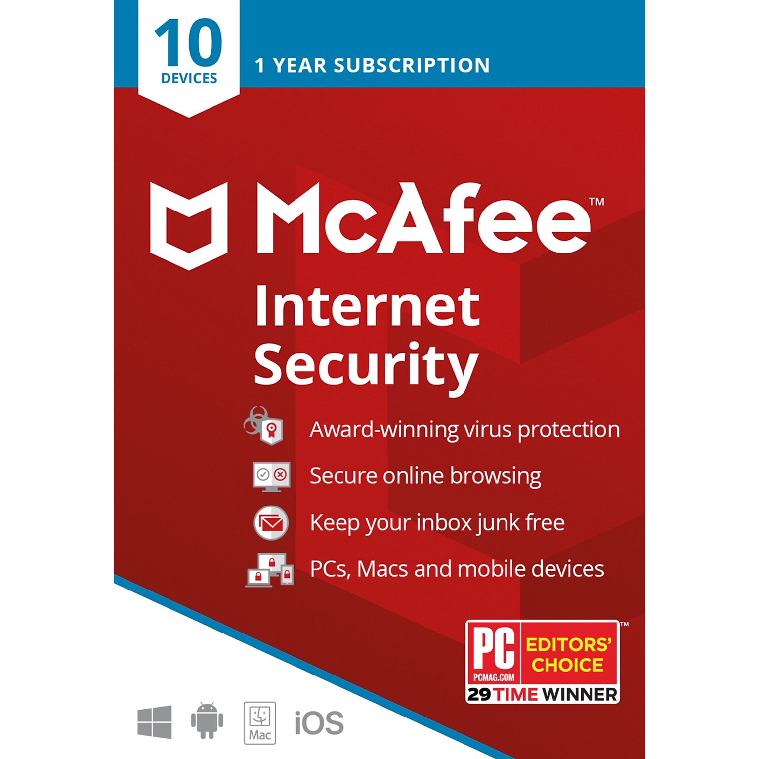 McAfee Internet Security Antivirus Software for 10 Devices (1-10 Users), Product Key Card (MIS00ESTXRAA)