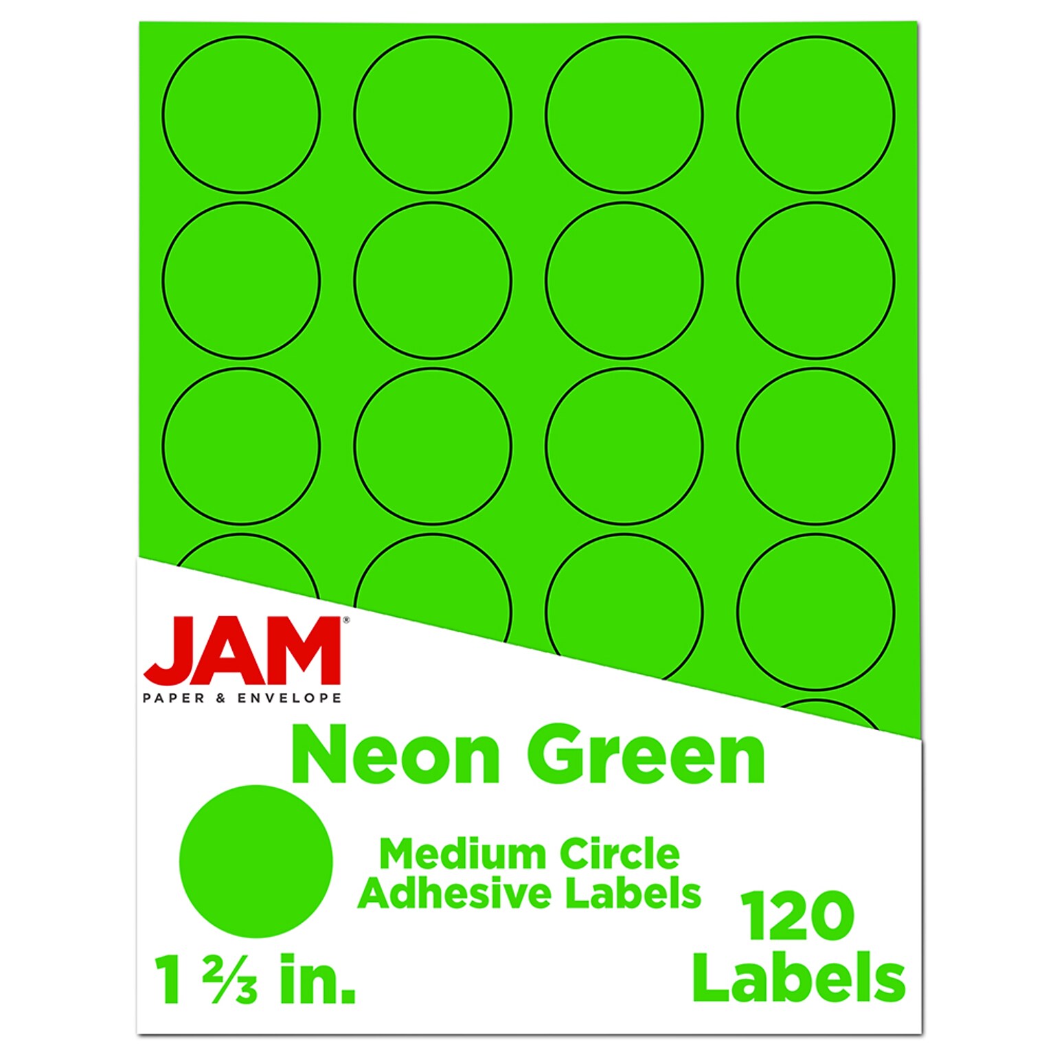 JAM Paper Round Label Sticker Seals, 1 2/3 Diameter, Neon Green, 24 Labels/Sheet, 5 Sheets/Pack (354329583)