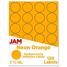 JAM Paper Round Label Sticker Seals, 1 2/3 Diameter, Neon Orange, 24 Labels/Sheet, 5 Sheets/Pack (3
