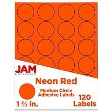 JAM Paper Round Label Sticker Seals, 1 2/3 Diameter, Neon Red, 24 Labels/Sheet, 5 Sheets/Pack (3543