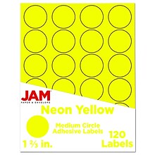 JAM Paper Round Label Sticker Seals, 1 2/3 Diameter, Neon Yellow, 24 Labels/Sheet, 5 Sheets/Pack (3