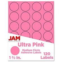 JAM Paper Circle Round Label Seals, 1 2/3 Diameter, Ultra Pink, 24 Labels/Sheet, 5 Sheets/Pack (147