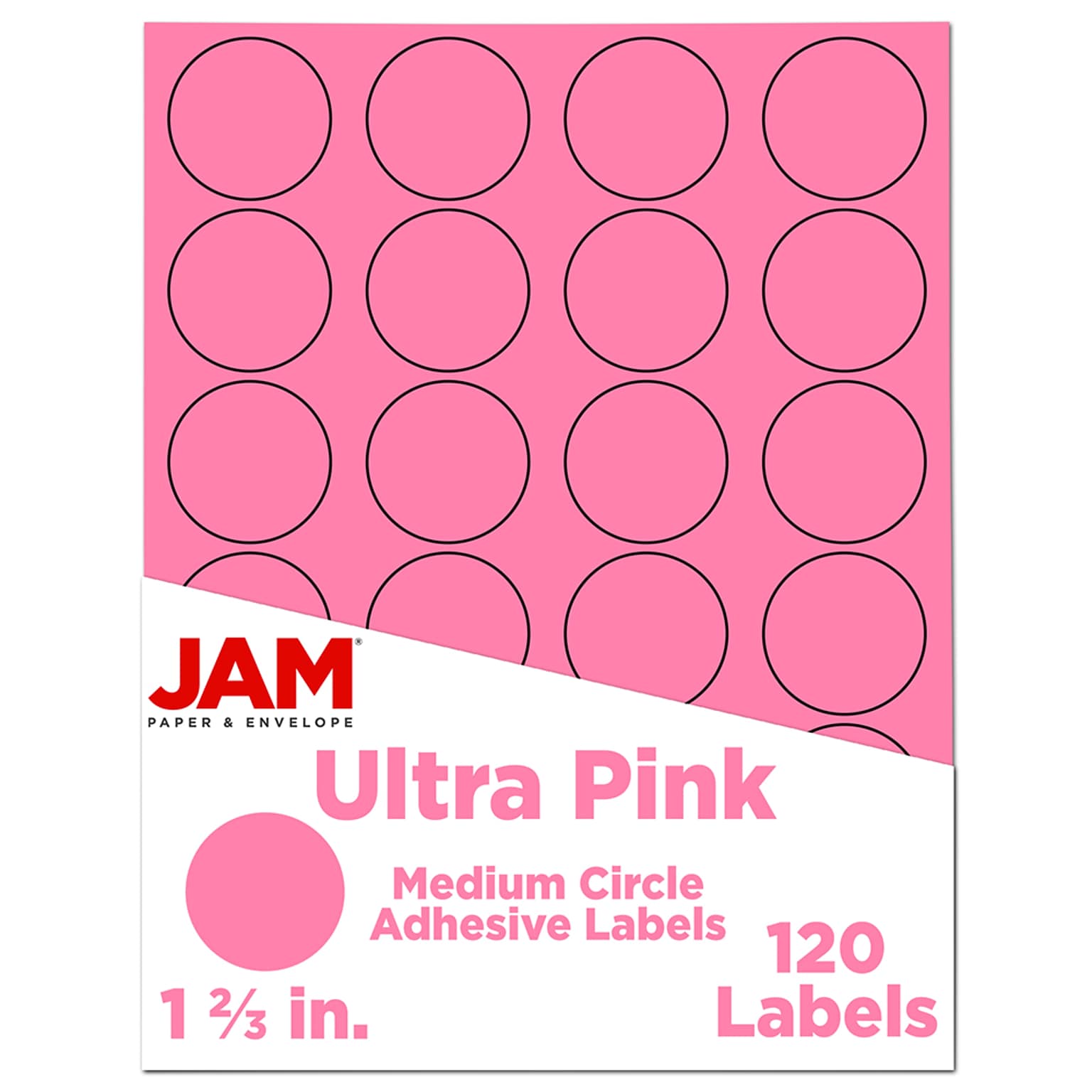JAM Paper Circle Round Label Seals, 1 2/3 Diameter, Ultra Pink, 24 Labels/Sheet, 5 Sheets/Pack (147627062)