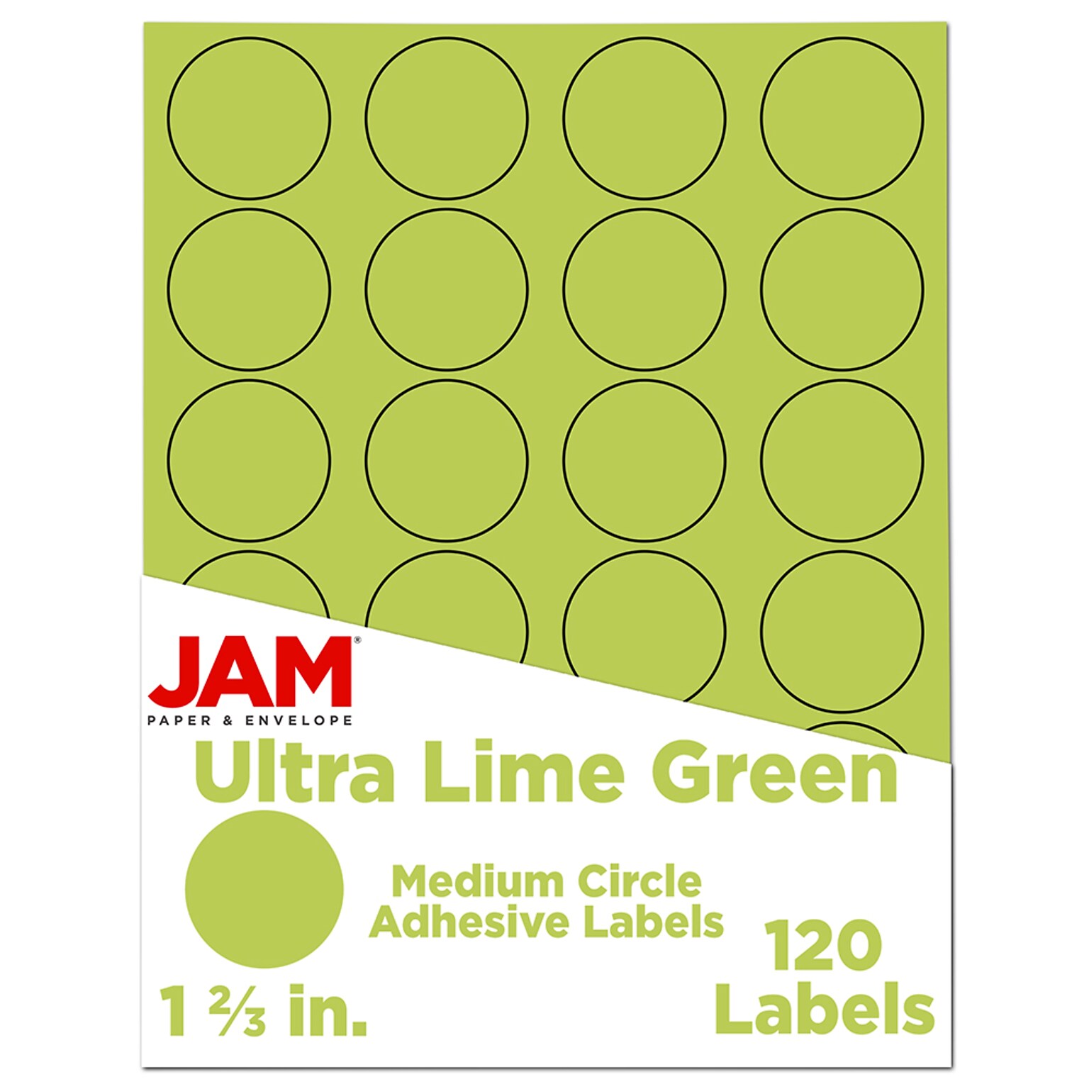 JAM Paper Round Label Seals, 1 2/3 Diameter, Ultra Lime Green, 24 Labels/Sheet, 5 Sheets/Pack (147627049)