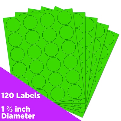 JAM Paper Round Label Sticker Seals, 1 2/3" Diameter, Neon Green, 24 Labels/Sheet, 5 Sheets/Pack (354329583)