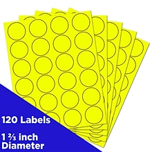 JAM Paper Round Label Sticker Seals, 1 2/3 Diameter, Neon Yellow, 24 Labels/Sheet, 5 Sheets/Pack (3
