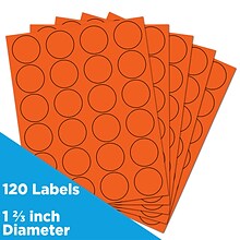 JAM Paper Circle Round Label Sticker Seals, 1 2/3 Diameter, Orange, 24 Labels/Sheet, 5 Sheets/Pack