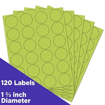 JAM Paper Round Label Seals, 1 2/3 Diameter, Ultra Lime Green, 24 Labels/Sheet, 5 Sheets/Pack (1476