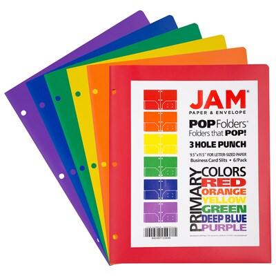JAM Paper 2-Pocket Plastic Folders, Multicolored, Assorted Primary Colors, 6/Pack (382EHPASTPR)