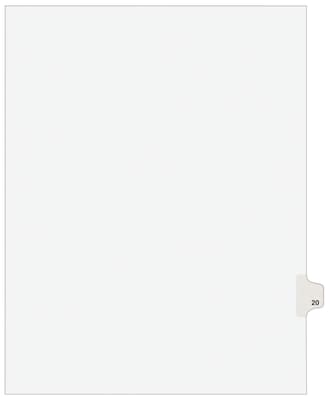 Avery Legal Pre-Printed Paper Dividers, Side Tab #20, White, Avery Style, Letter Size, 25/Pack (0102